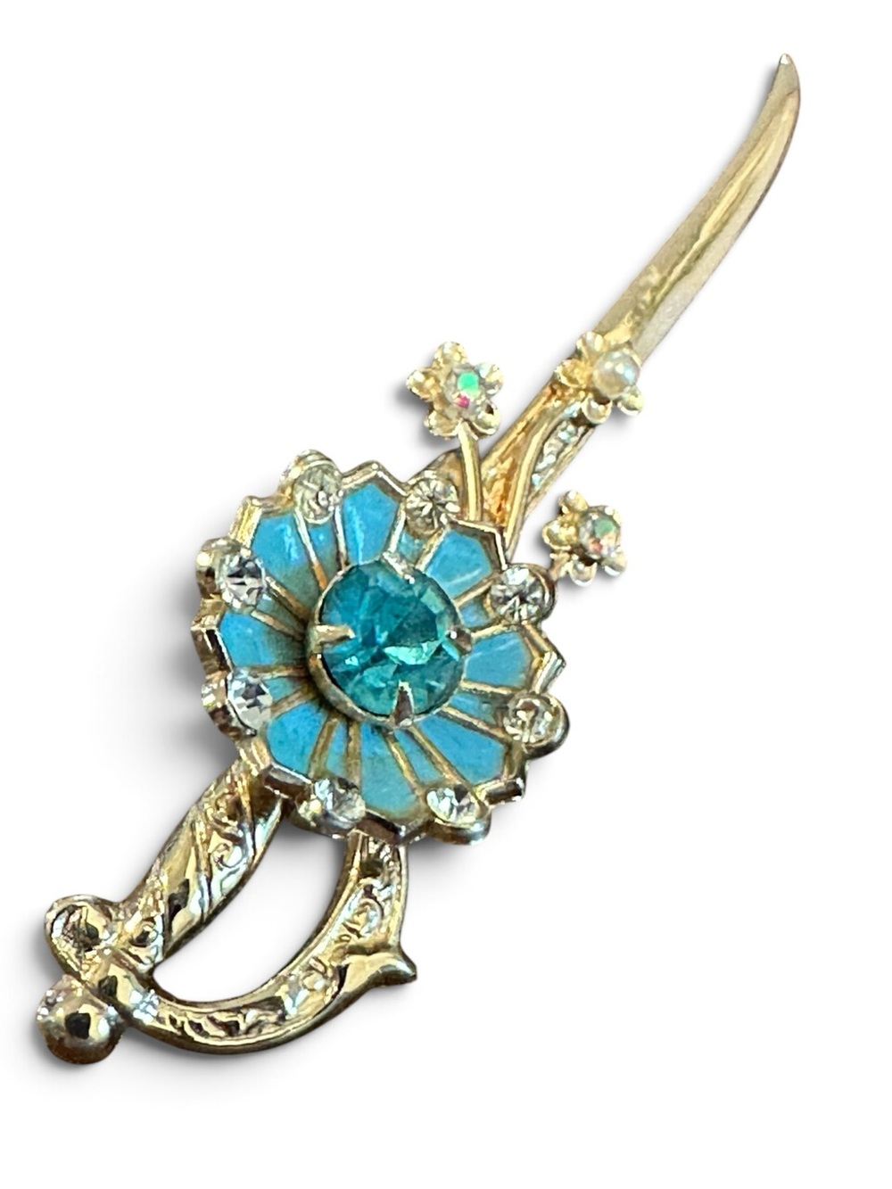 Vintage Coro Blue Enamel Rhinestone Scimitar Sword Brooch